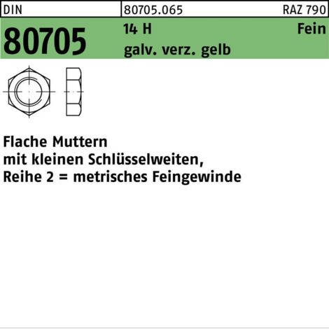 Sechskantmutter DIN 80705 M 16 x 1,5 Stahl galvanisch verzinkt, gelb chromatiert 100 Stk