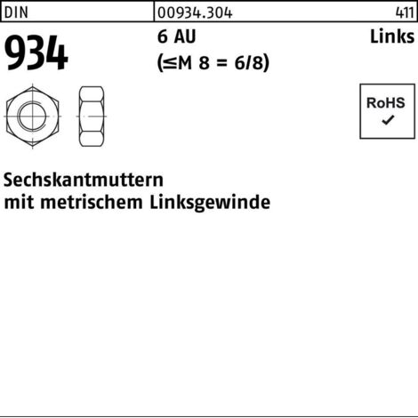 Sechskantmutter DIN 934 links M 16 -LH 6 Automatenstahl
