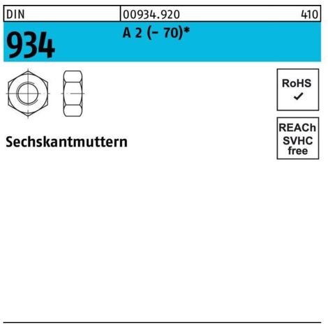 Sechskantmutter DIN 934 M 10 x 1,5 Edelstahl A2 blank 250 Stk