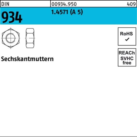 Sechskantmutter DIN 934 M 12 x 1,75 Edelstahl A5 blank 50 Stk