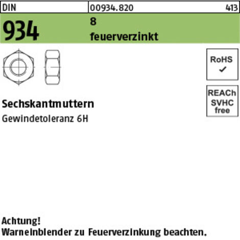 Sechskantmutter DIN 934 M16 8 feuerverz. 50 Stück