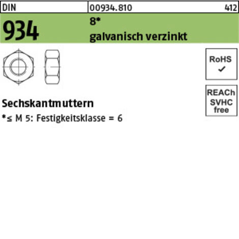 Sechskantmutter DIN 934 M7 8 galv.verz. 100 Stück