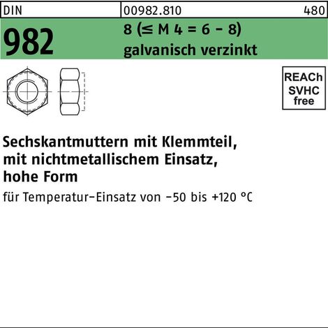 Sechskantmutter DIN 982 m.Klemmteil M 108 (= M 4 = 6-8) galvanisch verzinkt 100 Stück