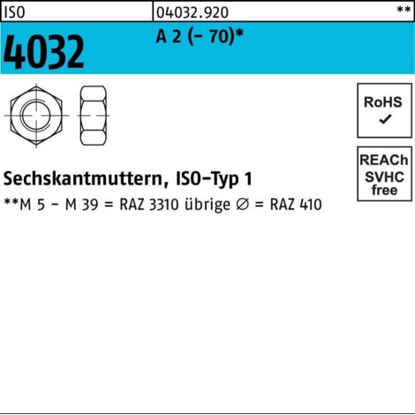 Sechskantmutter ISO 4032 M 7 x 1 Edelstahl A2 blank 400 Stk