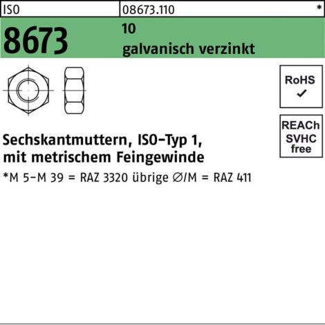 Sechskantmutter ISO 8673 M16x 1,5 10 galv.verz. 100 Stück