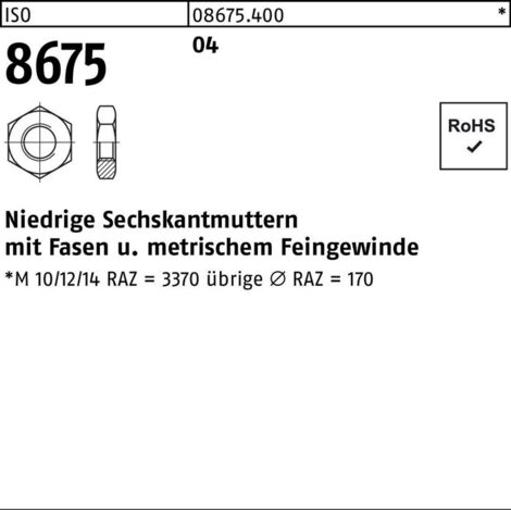 Sechskantmutter ISO 8675 m.Fasen M 16 x 1,5Automatenstahl 50 Stück