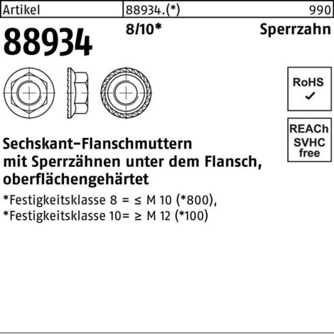 Sechskantmutter mit Flansch ART 88934 M 10 x 1,5 Stahl blank 200 Stk
