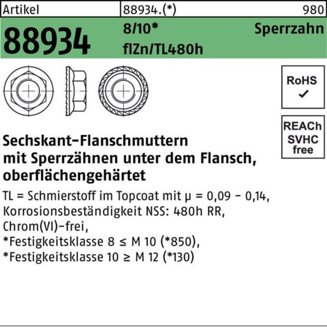 Sechskantmutter mit Flansch ART 88934 M 8 x 1,25 Stahl zinklamellenbeschichtet 200 Stk