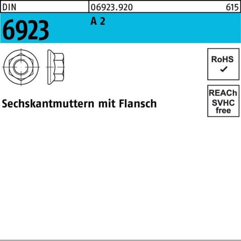 Sechskantmutter mit Flansch DIN 6923 M 6 x 1 Edelstahl A2 blank 1000 Stk