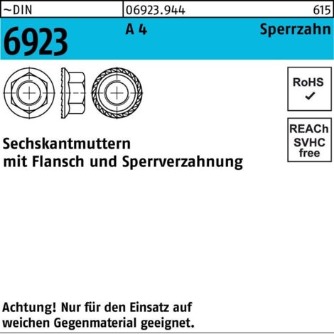 Sechskantmutter mit Flansch DIN 6923 M 6 x 1 Edelstahl A4 blank 500 Stk