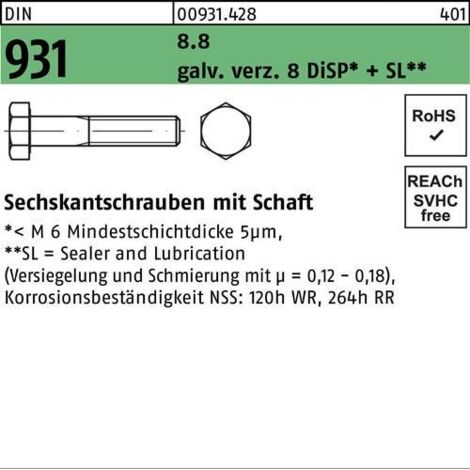 Sechskantschraube DIN 931 m.Schaft M 20 x 220 8.8 gal Zn 8 DiSP + SL 10 Stück