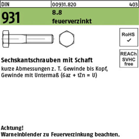 Sechskantschraube DIN 931 m.Schaft M 36 x 130 8.8 feuerverzinkt 5 Stück