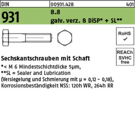 Sechskantschraube DIN 931 Schaft M30x 170 8.8 gal Zn 8 DiSP + SL 1 Stück