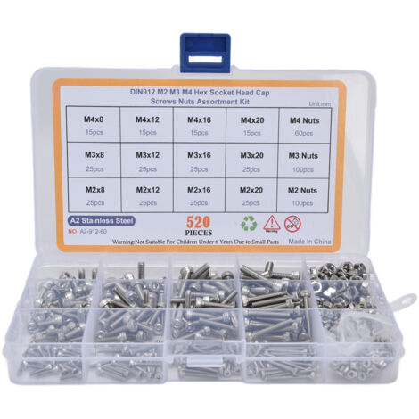 Sechskantschrauben-Sortiment – 520-teiliges Set aus Edelstahl 304 mit Aufbewahrungsbox – M2, M3, M4 – korrosionsbeständig