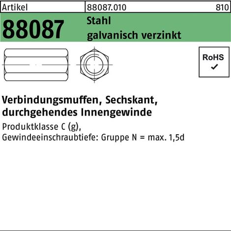 Sechskantverbindungsmuffe R 88087 M 6 x 20 SW10durchg.IG Stahl gal Zn 100 Stück