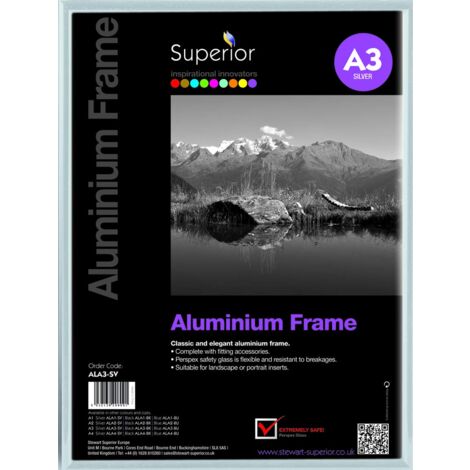 SECO Stewart Superior - Cornice portafoto in Alluminio Spazzolato, Formato A3, con Vetro di Sicurezza in plexiglas, Colore: Argento