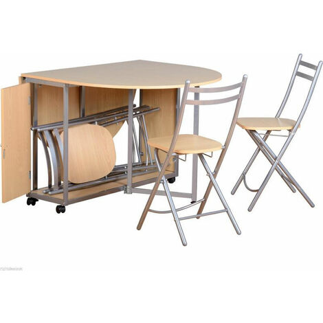 Seconique Butterfly Compact Dining Set Beech & Silver Table & 4 Chairs Space Saving