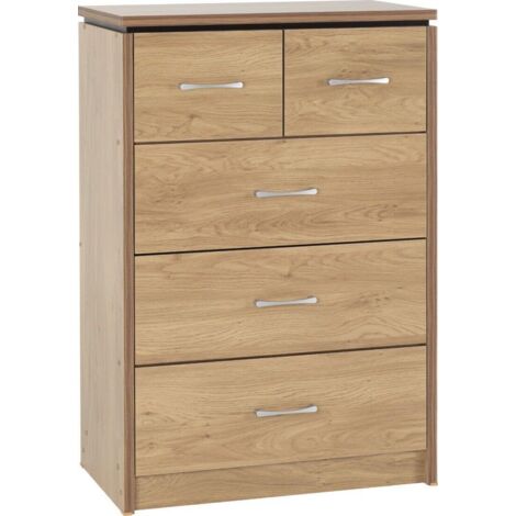 Seconique Charles 5 Drawer Chest 3+2 Design Oak Veneer with Walnut Trim