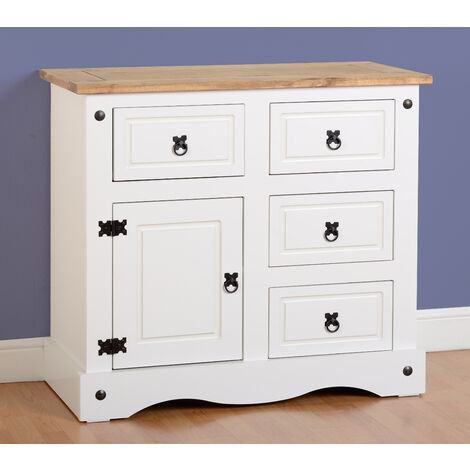 Seconique Corona 1 Door 4 Drawer Sideboard White & Distressed Waxed Pine