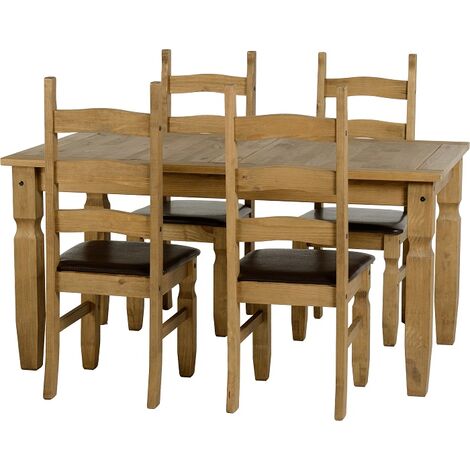 Seconique Corona Mexican Pine 5ft Dining Set Supplied with 4 Brown Faux Leather Chairs