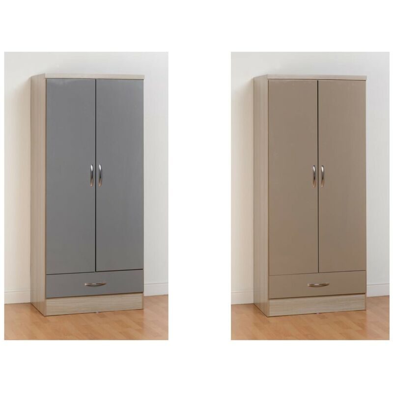 Nevada Oak and Grey Gloss 2 Door 1 Drawer Wardrobe - Seconique