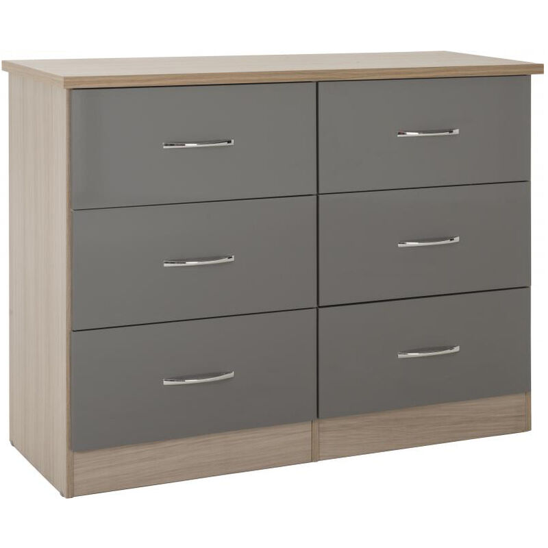 Nevada Oak and Grey Gloss 6 Drawer Chest - Seconique