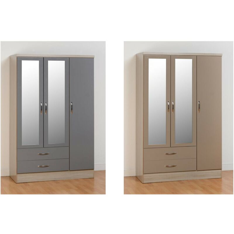 Nevada Oak and Oyster Gloss 3 Door 2 Drawer Wardrobe - Seconique