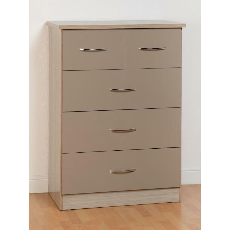 Seconique - Nevada 3+2 Drawer Chest - L46 X W81 X H115.5 Cm - Oyster Gloss/light Oak Effect Veneer