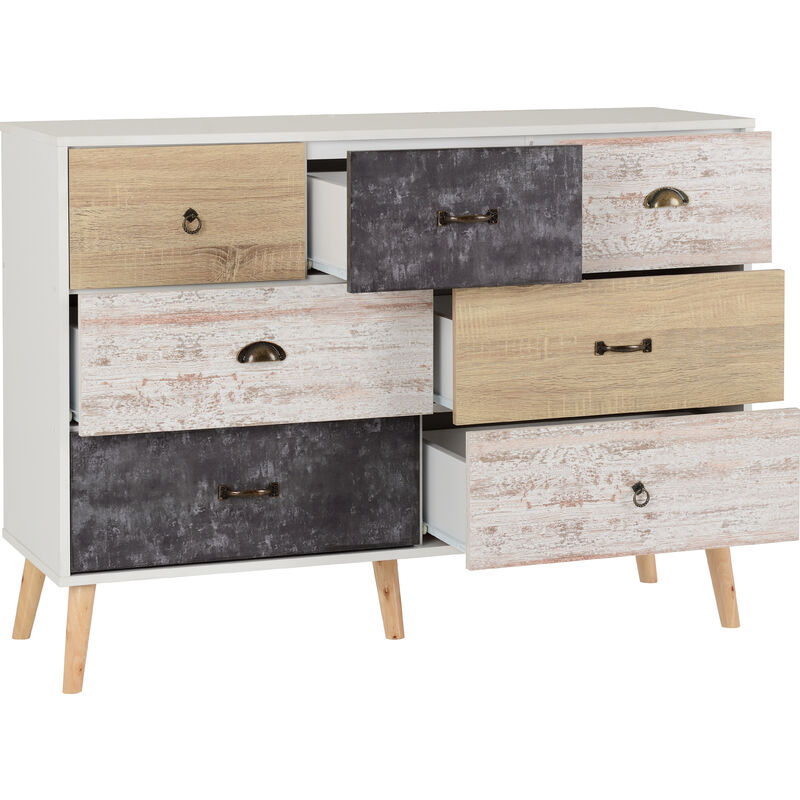 Nordic 7 Drawer Merchant Chest Of Drawers White & Distressed Effect - Seconique