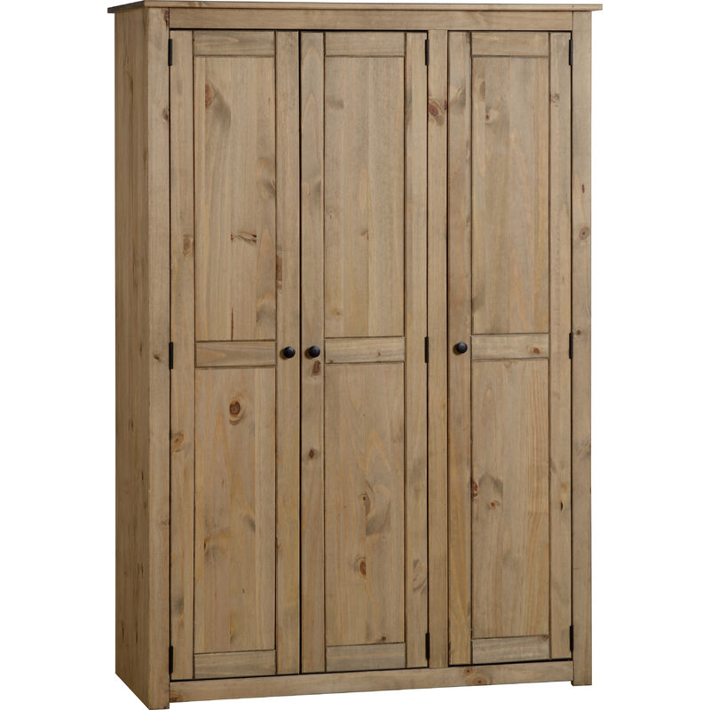 Panama 3 Door Wardrobe Solid Pine Natural Oak Wax Finish - Seconique
