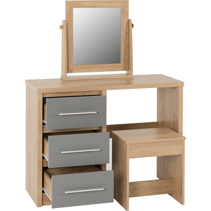 Seville 3 Drawer Dressing Table With Stool & Mirror Grey High Gloss & Oak - Seconique