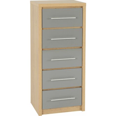 Seconique Seville Grey Gloss & Oak 5 Drawer Tall Narrow Chest