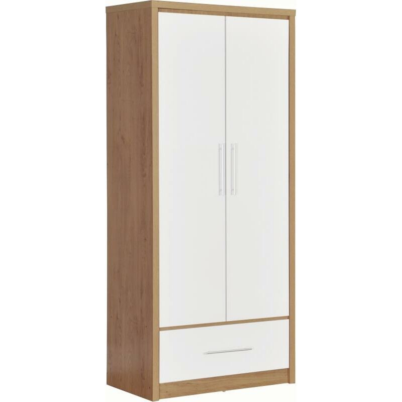 Seville White Gloss & Oak 2 Door Wardrobe with 1 Drawer - Seconique
