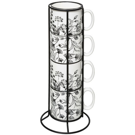 Secret de Gourmet - Lot de 4 Mugs en porcelaine blanche déco florale sur Rack en métal noir - Blanc