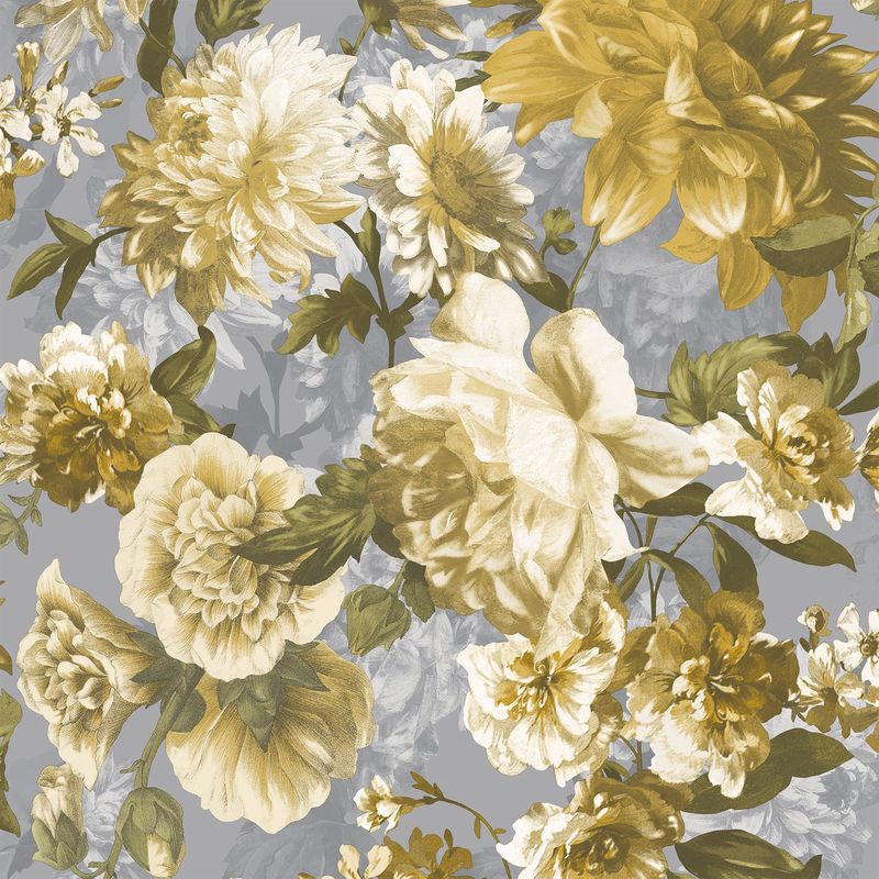 Secret Garden Floral Yellow Green Grey Wallpaper Flowers Roses Textured Grandeco