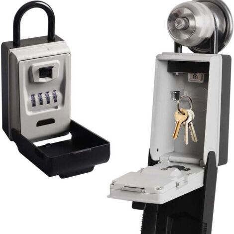 Secure Outdoor Key Box [Backlit], Large Waterproof Wall-Mounted Key Box - with Hooks - Grey