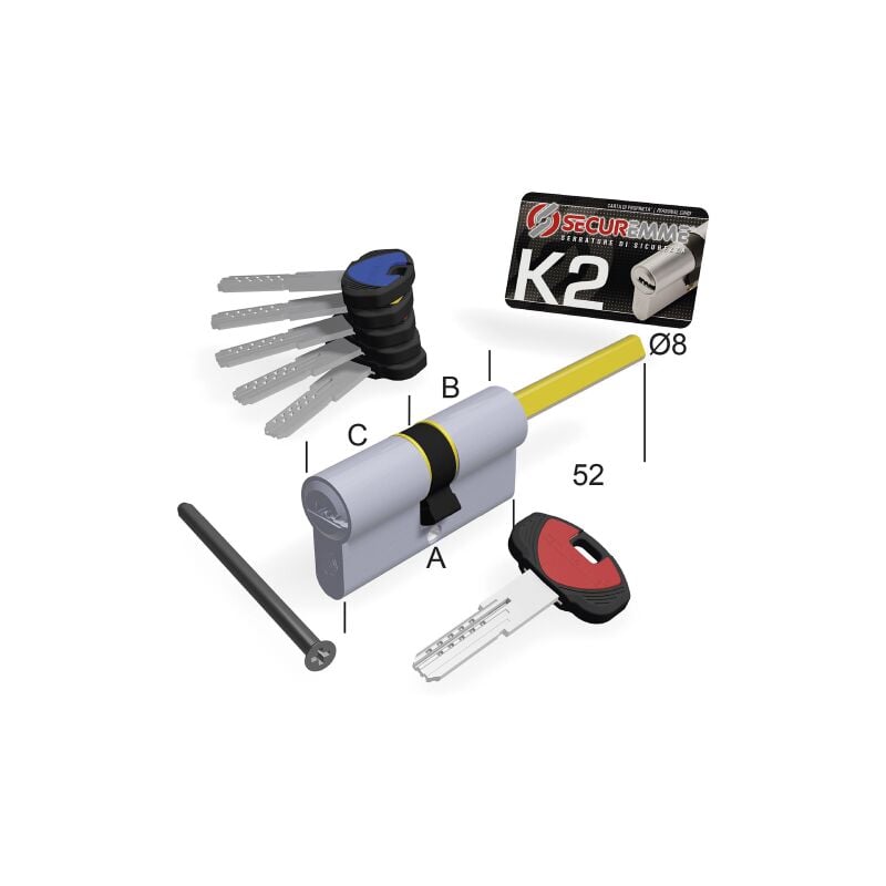 K2 3200-Q x cylindre 10 goupilles tige 65mm 30 cle's35 1 + 5 cle's Ottone nichelato satinato mm 30+35 - Securemme