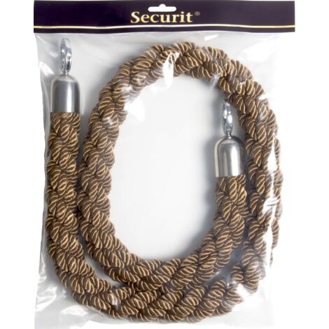 SECURIT - Corda Intrecciata per Sistema Barriera Classic - per Bar, Ristoranti, Pub, Negozi - Agganci con Moschettoni - 150 cm - Finitura Cromata - Colore Marrone