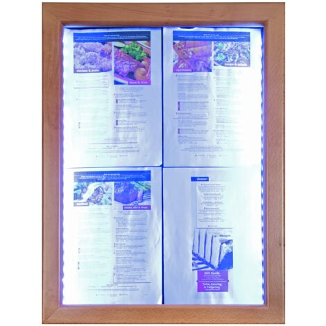 SECURIT - Espositore LED Classico In Legno - Per Caffè, Ristoranti, Bar, Negozi - 4 Pagine A4 - LED Bianchi - Per Montaggio Su Palo O Parete - Teak - Cavo Da 5m Incluso