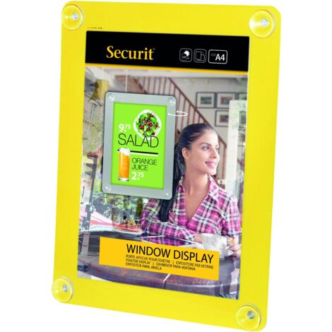 SECURIT - Lavagna con Ventose - Per Superfici in Vetro - Per Bar, Ristoranti, Pub, Negozi - Formato A4 - Double Face - Colore Giallo