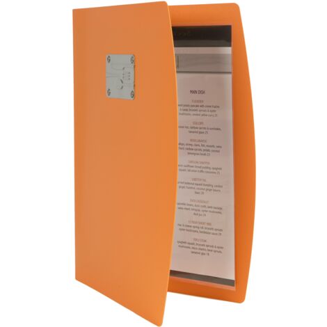 SECURIT - Porta Menu Linea Rio - Per Caffè, Ristoranti, Bar - Formato A4 - Placca Serigrafata In Acciaio Inox Con Disegno Delle Posate - 1 Doppio Inserto Incluso - Colore Arancione