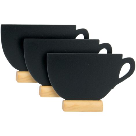 SECURIT - Set da 3 Lavagne Da Tavolo Silhouette Tazza - Per Pennarelli a Gesso Liquido - Per Caffè, Ristoranti, Bar - Inserto Rimovibile - Base in Legno Laccato - 9x13,5x2cm - 1 Pennarello Incluso