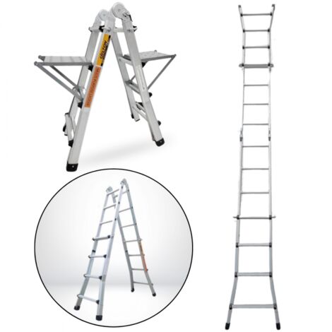 Secury-T – Échelle articulée télescopique en aluminium 4x4 marches 3,88m – 2 tablettes – Normes EN-131 – Charge max 150kg – Pour espaces confinés