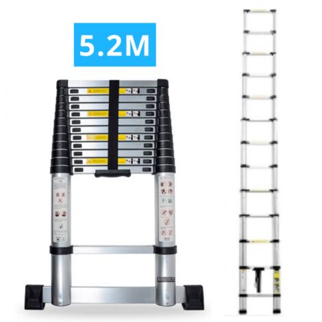 Secury-T – Échelle télescopique aluminium 13 marches H 5,2 m – Charge maximale 150 kg – Barre stabilisatrice et embouts antidérapants