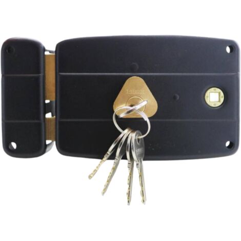 Secury-T – Serrure en applique horizontale noire – Cylindre renforcé 25mm x 50mm – 5 clés en laiton nickelé – Ouverture à gauche