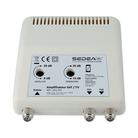 Sedea – Amplificateur TV intérieur 28 dB – 2 sorties SAT et TERRESTRE – Filtre LTE 700 pour bloquer interférences 5G – Gain réglable