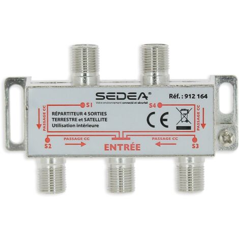 Sedea – Répartiteur intérieur satellite et terrestre 4 sorties – Faible perte de signal 8/12 dB – Connecteurs F à visser – Pour 4 téléviseurs