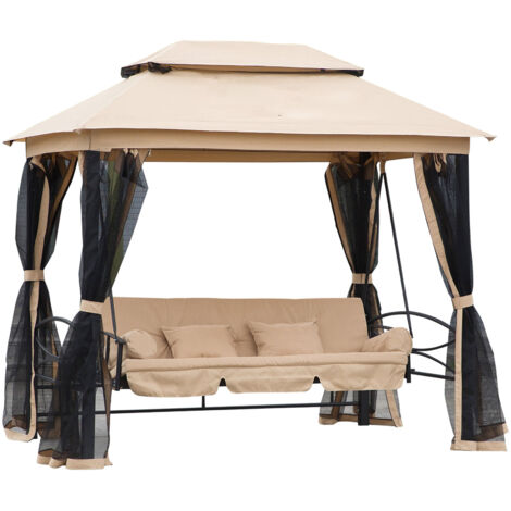 Sedia a dondolo a 3 posti, convertibile 3 in 1, altalena da giardino, lettino, gazebo, panchina da esterno con tettoia a due livelli, sedile imbottito, pareti laterali in rete, beige