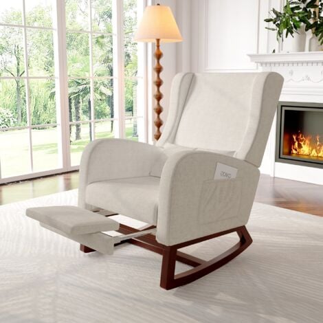 EIFSON Sedia a dondolo, comoda sedia a dondolo in tessuto - braccioli con tasche su entrambi i lati, schienale imbottito, poggiapiedi telescopico, lino, stile scandinavo - Beige