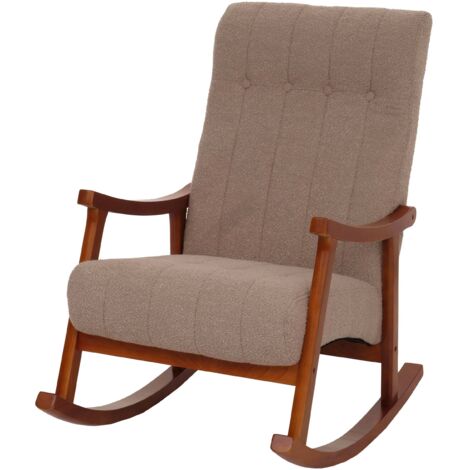 Sedia a dondolo HHG-862, poltrona relax, legno FSC stoffa/tessuto bouclé (450g/m²), taupe, color noce